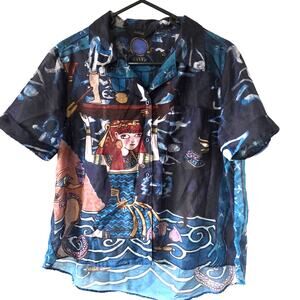 Vtg Egyptian Scene Button Up Initial Shirt Large Sheer Weird Funky Ship ocean